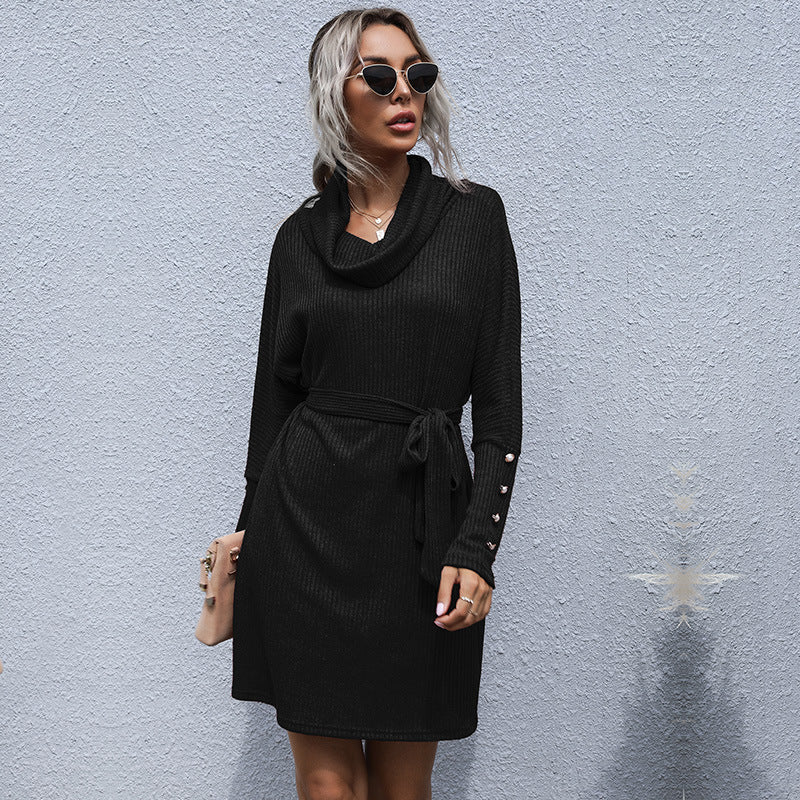 Autumn Black Pile Collar Solid Color Knit Sweater Dress With Long Sleeves
