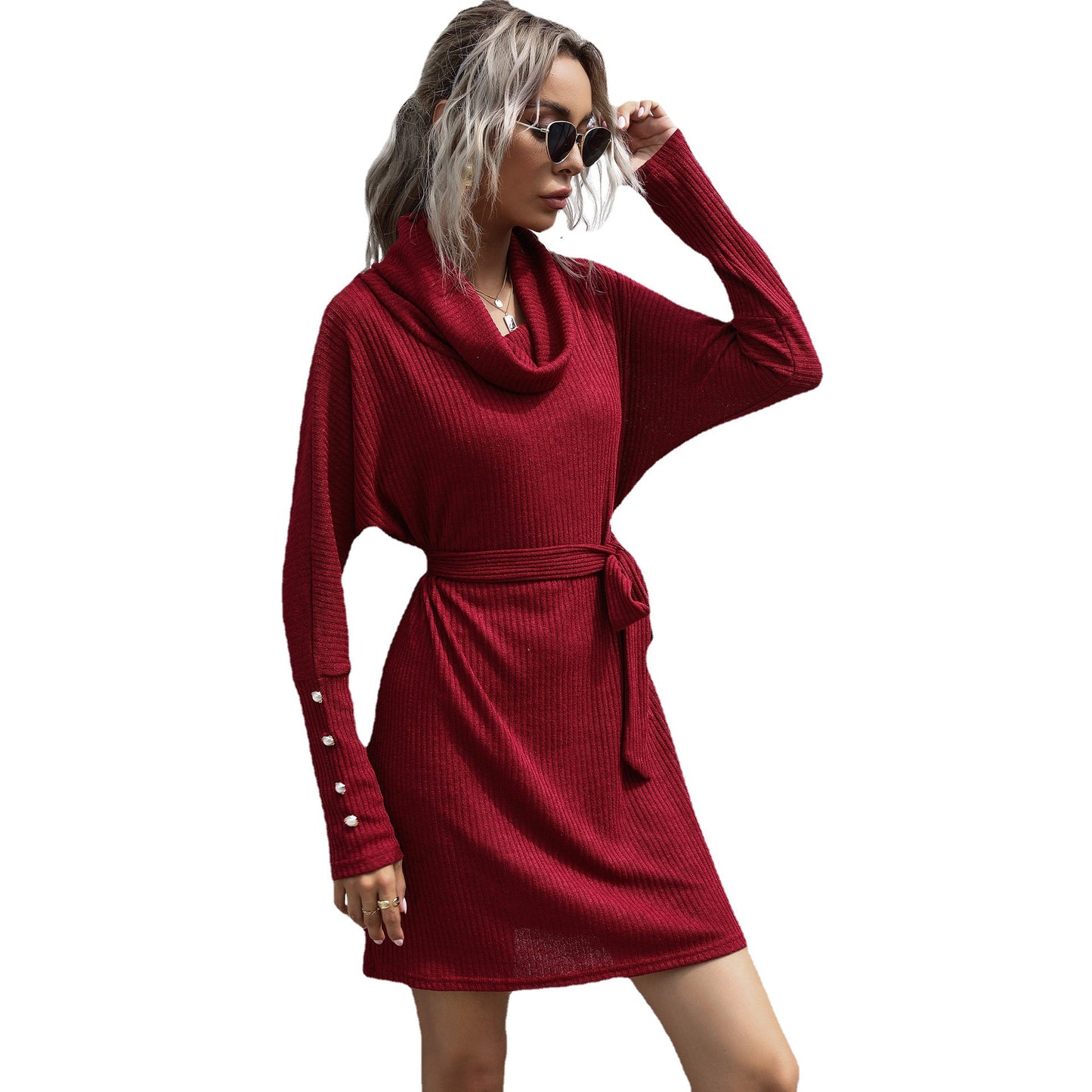 Autumn Black Pile Collar Solid Color Knit Sweater Dress With Long Sleeves