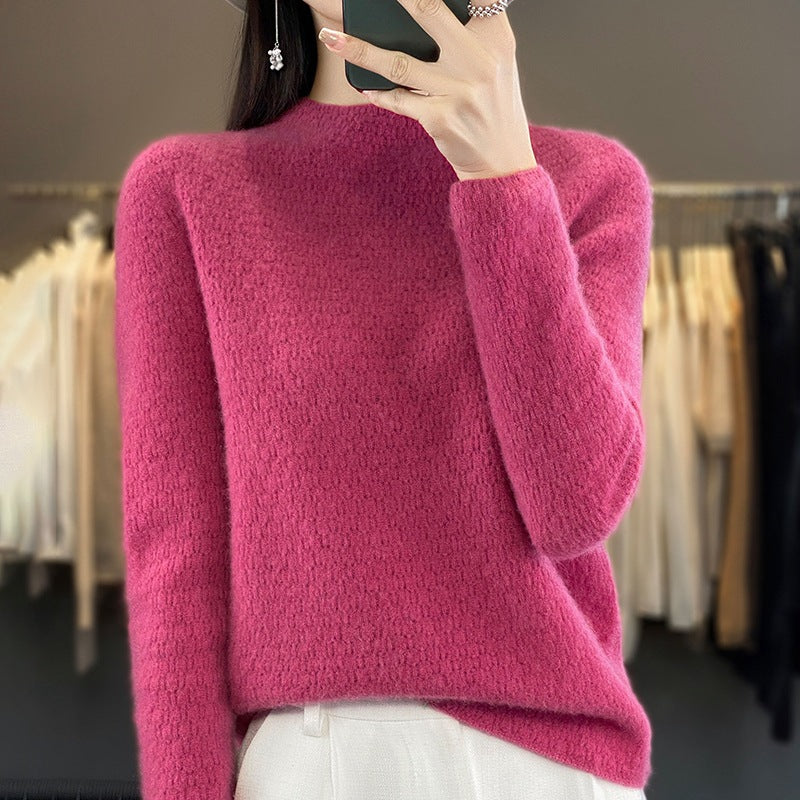 Autumn And Winter Knitted Pure Woolen Sweater Female Half Turtleneck Hollowed Out Loose Pullover Sweater Slimming Top Base Shirt