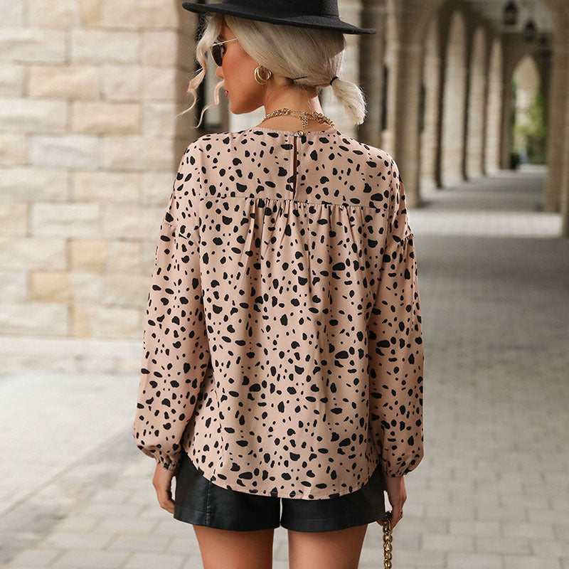Women's New Long-Sleeved Loose Top Printed V-Neck Leopard Vintage Shirt