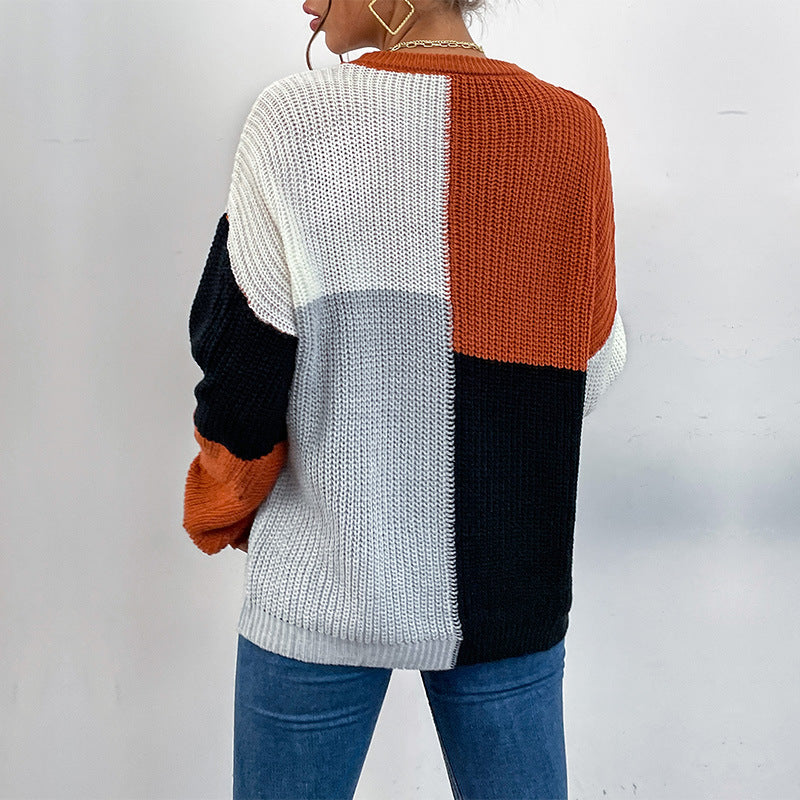 Fashion Women's Autumn Long-Sleeved Color Matching Half-Turtleneck Sweater Loose