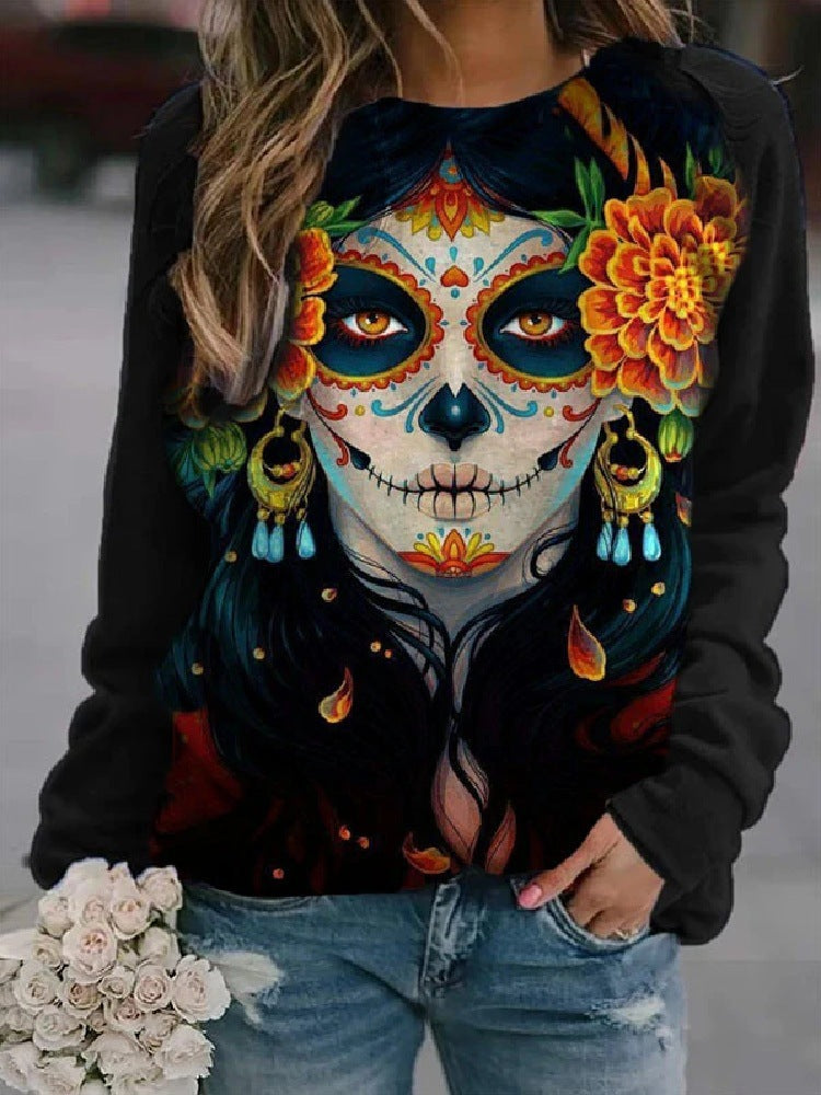 New Women's Halloween Christmas Women's Clothing 3D Three-Dimensional Printed Castle Dark Round Neck Hoodie