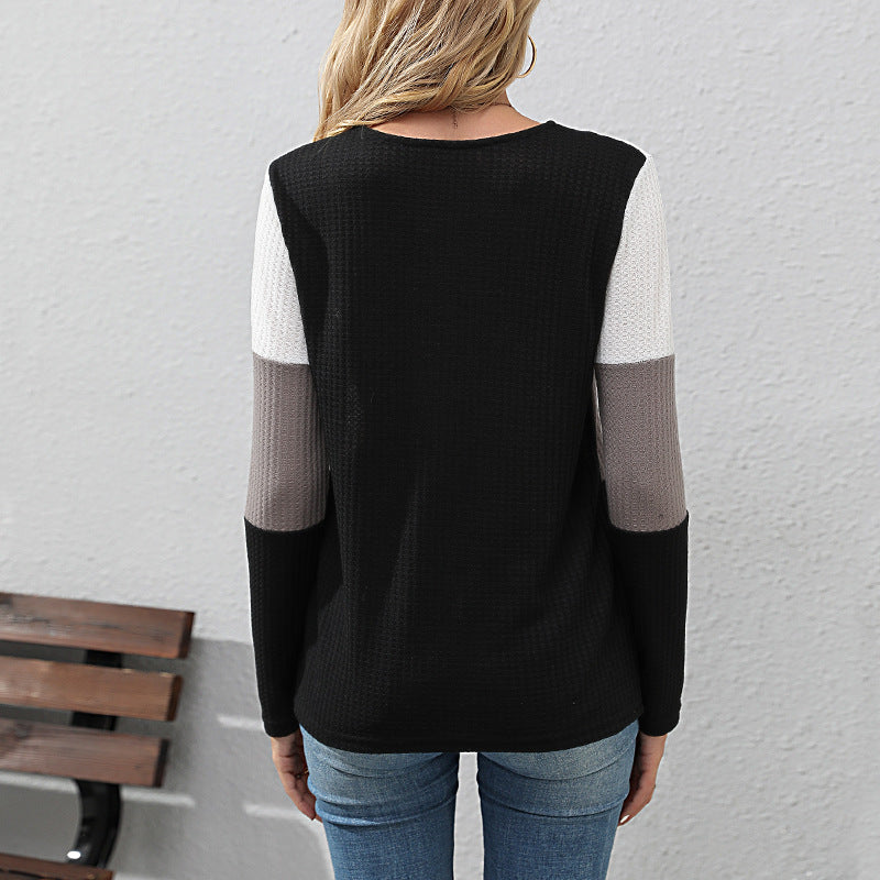 New Autumn Women's Matching Color Pullover Bottom V-Neck Waffle Jersey