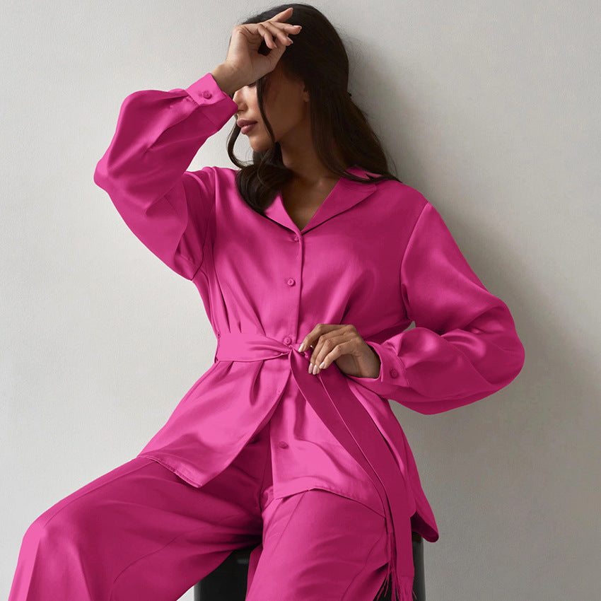 Khaki Suit Collar Feather High Waist Elastic Satin Suit New Spring Fashion Woman