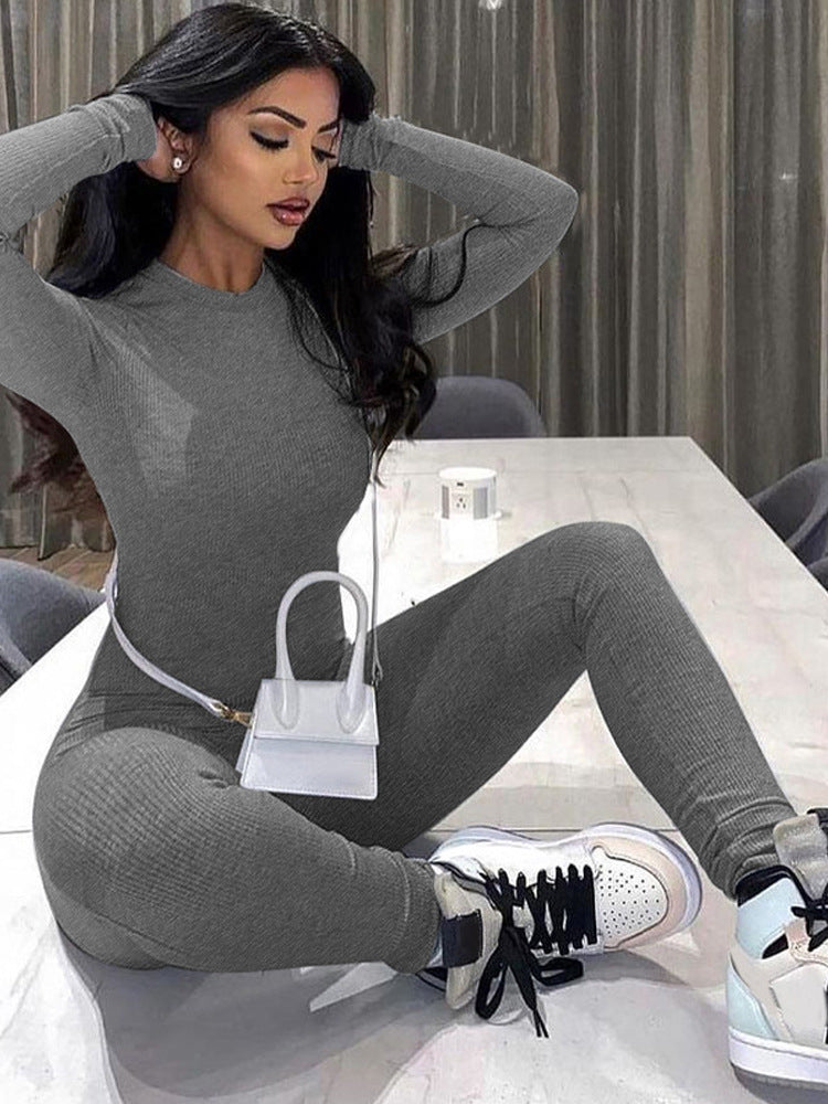 High Stretch Skinny Spice Jumpsuit Women's Fitness Yoga Exercise Leggings Long Sleeve Crew Neck Jumpsuit
