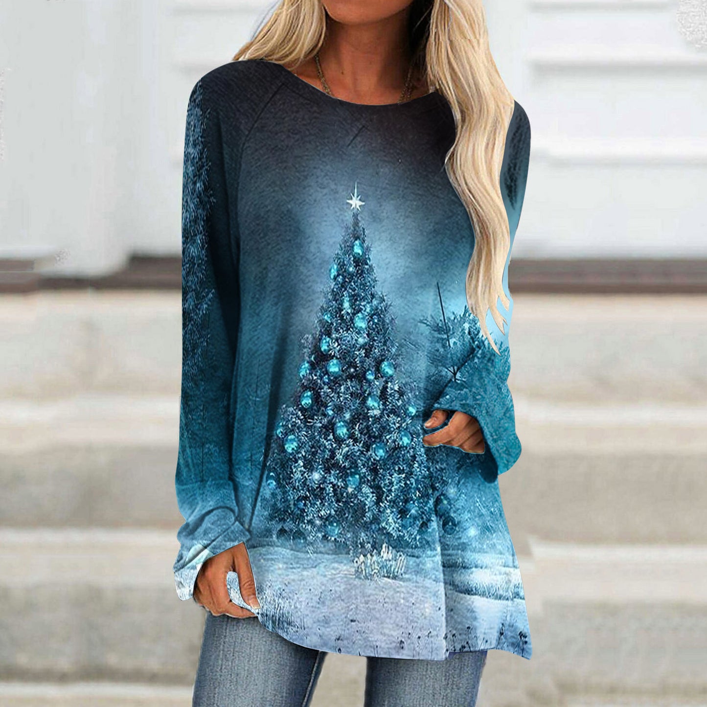 New Straddle Snowflake Print Christmas Tree Highlights Fashion Long-Sleeved T-Shirt Dress