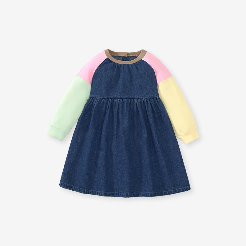 Long Sleeve Girls Denim Skirt Cute Color Matching Girls Skirt Pure Cotton Children's Skirt