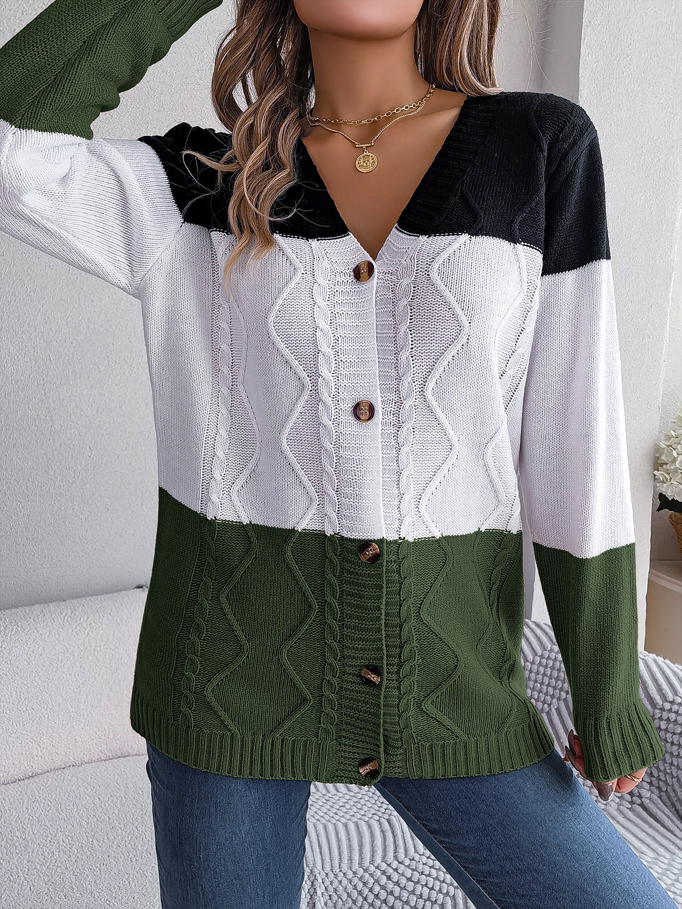 Style Autumn And Winter Casual Color Contrast Button Long Sleeve Sweater Cardigan Coat Women's Wear