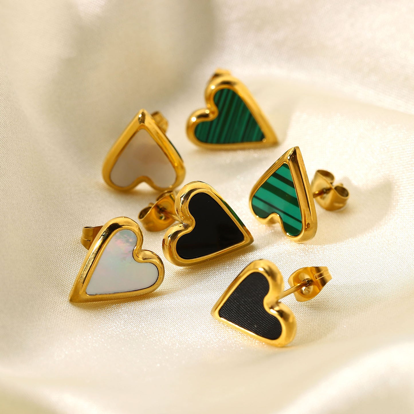 5pcs Natural Stone White Shell Green Peacock Stone Black Shell Love Earrings Fashion Stainless Steel Heart-Shaped Earrings For Women