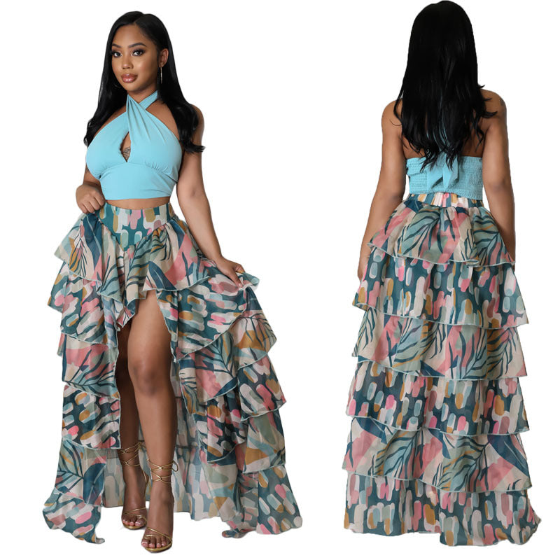 Women's Summer New Irregular Split Half Skirt Printed Gauze Cake Skirt