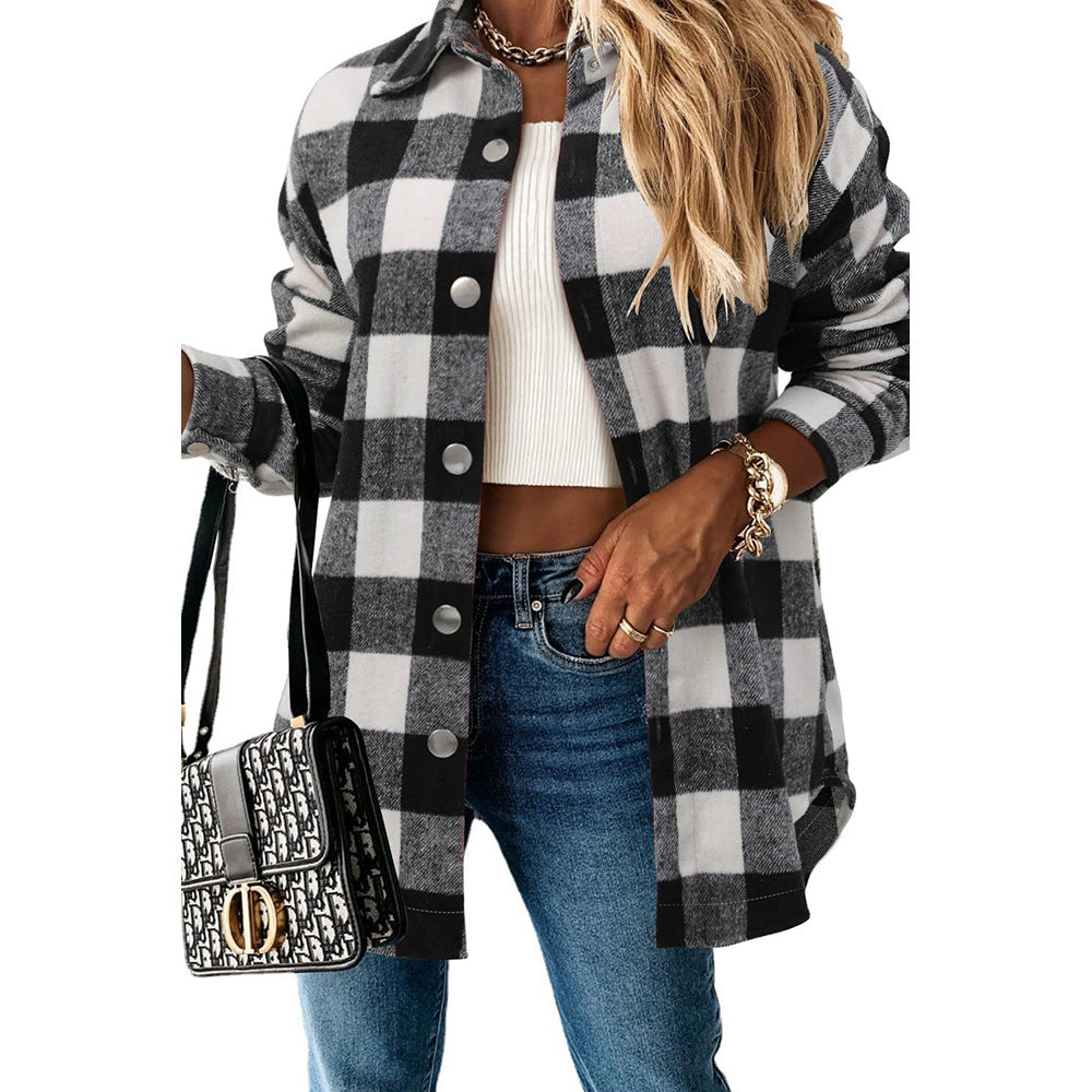 Casual Mid-Length Plaid Jacket Women's Loose Cardigan Lapel Shirt
