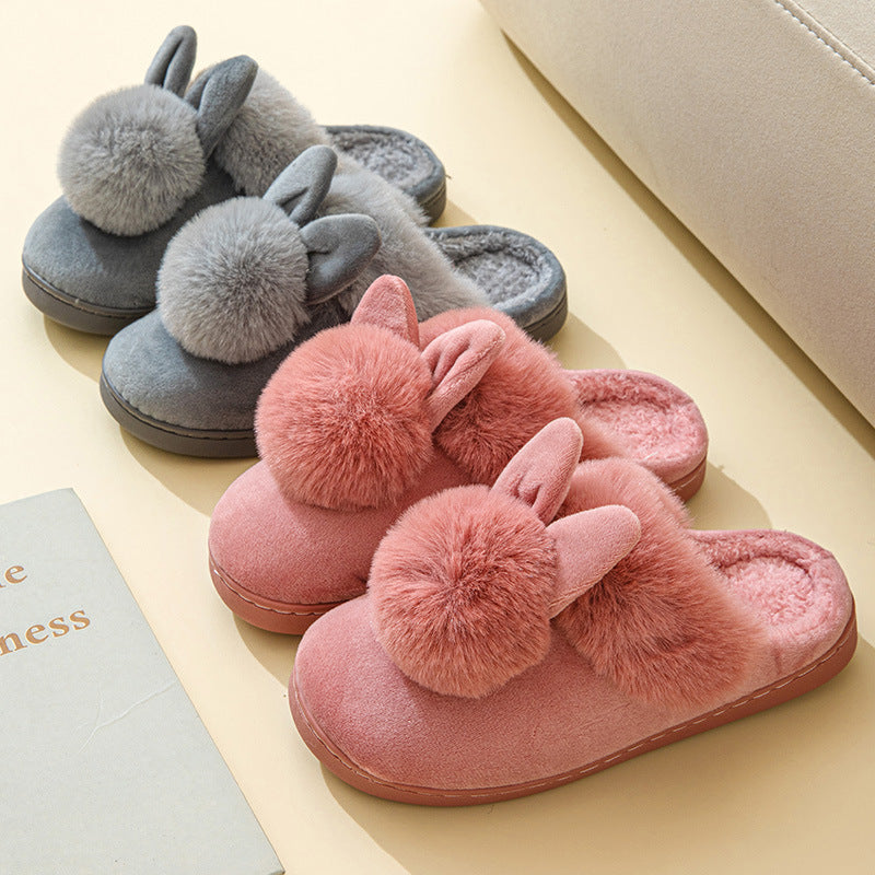 Long Ears Single Ball Male And Female Couples Winter Warm Wooden Floor Thickened Indoor Warm Slippers Cotton Slippers