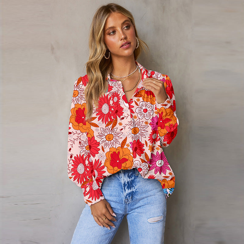 Autumn New Multi-Color Bubble Sleeve Shirt Women Thin Loose Flower Print Long Sleeve Blouse Women