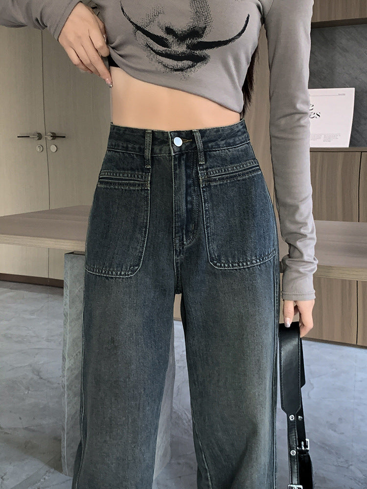 Jeans Women Spring And Autumn High-Waisted Trousers Small Cement Grey Slimming Slimming Narrow Version Straight Leg Wide Pants Lengthened