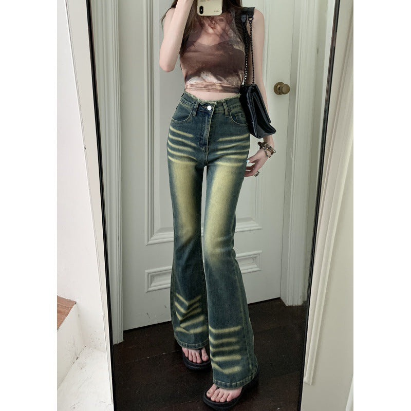 Early Fall New Retro Micro-Ripped Jeans Women Do Old High-Waisted Skinny Rough Edge Mop Bell Bottoms