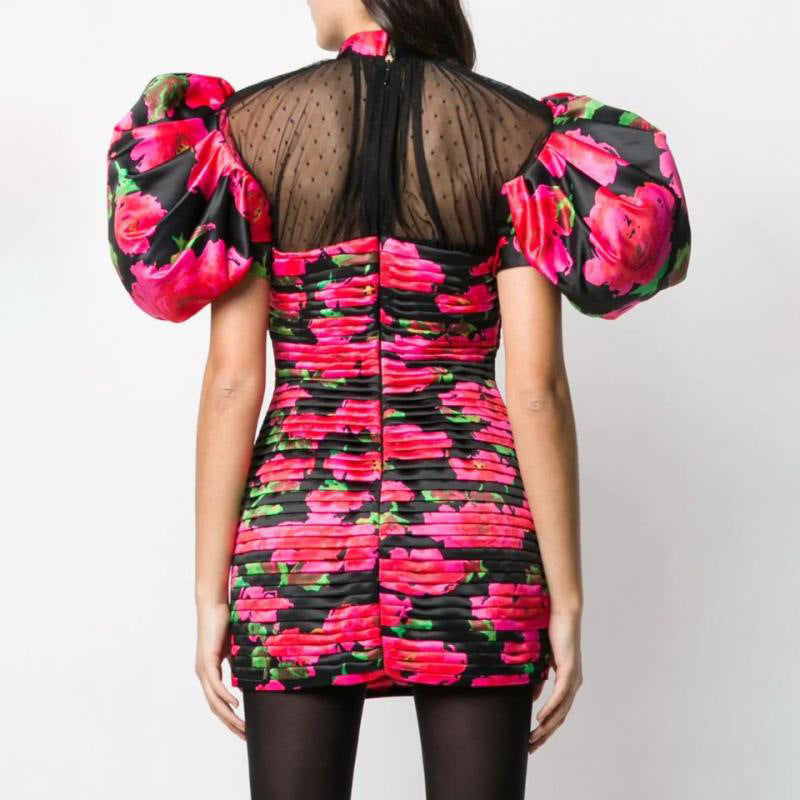Spring Print Slim-Fit Wrap Hip Bubble Sleeve Net Sexy Temperament Holiday Dress