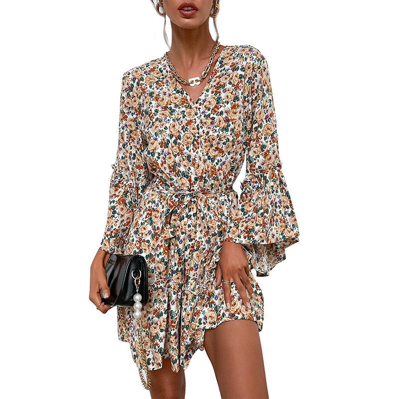 Fashion Women's New V-Neck Print Long-Sleeved Pre-Autumn Dress