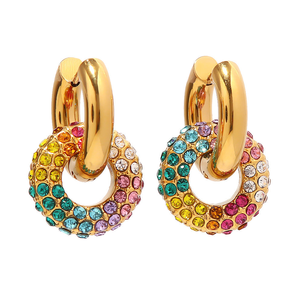 5pcs Jewelry 18K Gold Plated Multicolor Full Diamond Doughnut New Fashion All-In-One Earrings
