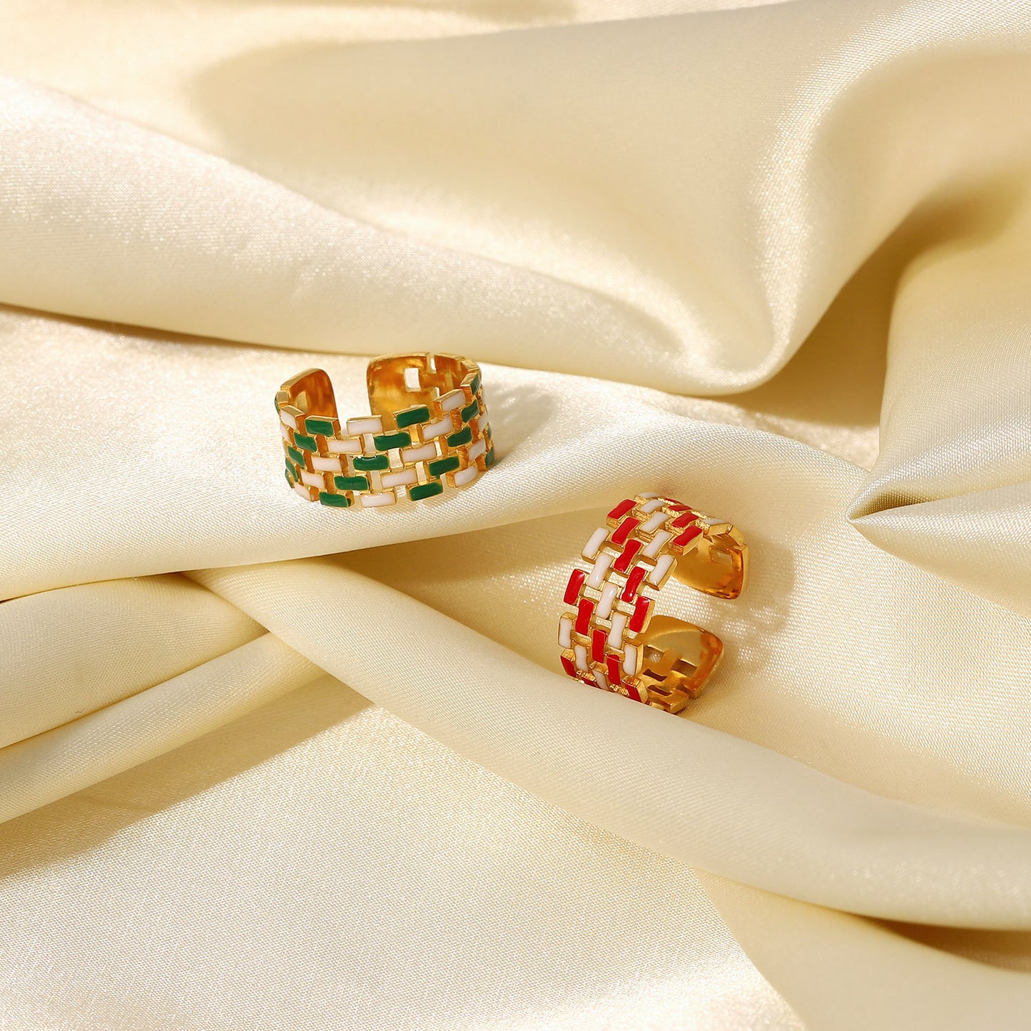 5pcs 18K Gold Adjustable Jeweled Open Ring Red White/Green White Interval Drop Oil Woven Zipper Chain Enamel Ring Lady