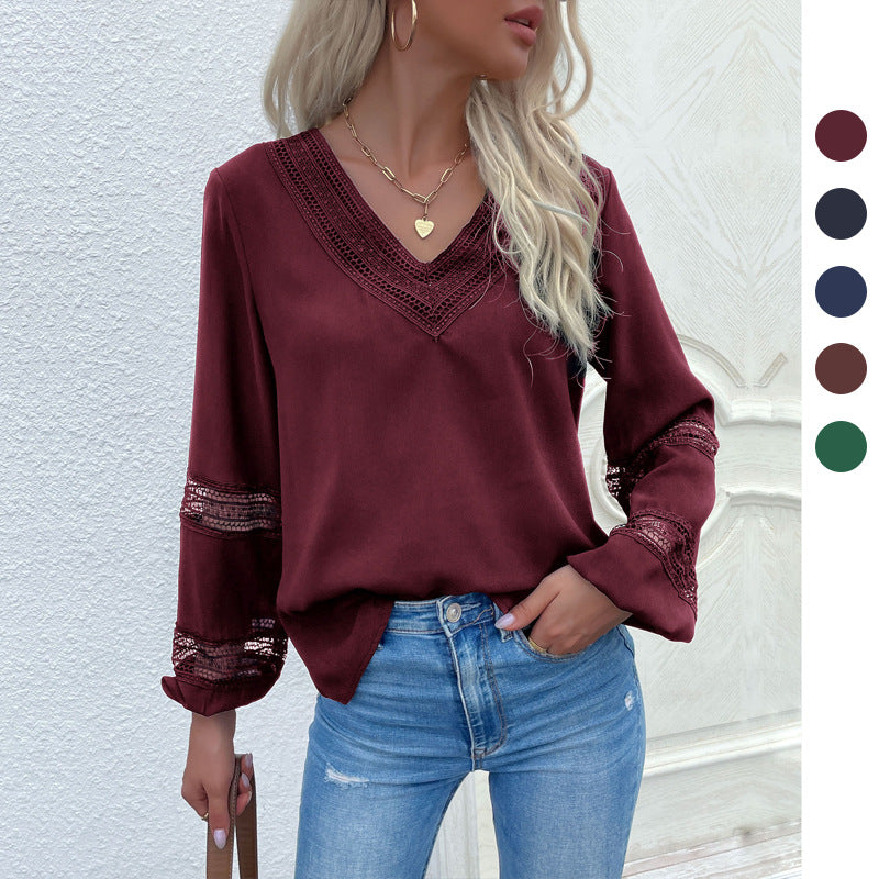 Spring And Autumn  Long-Sleeve Lace Stitching Shirt Set Head V-Neck Hollow Shirt Women's Wear