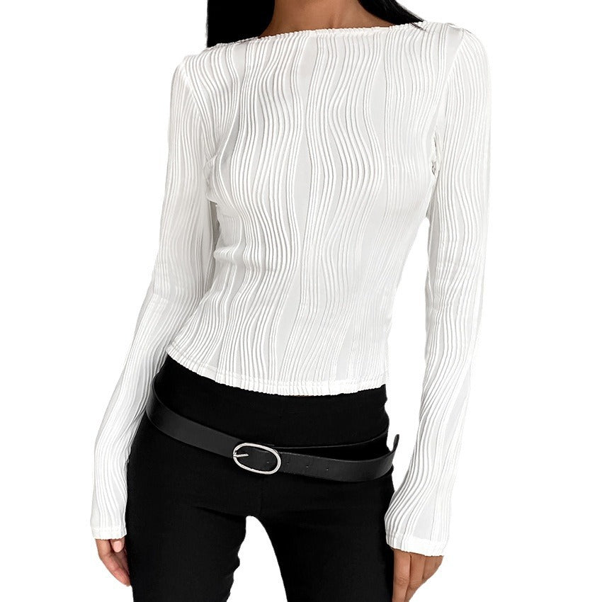 Knit Pleated Long-Sleeved T-Shirt Autumn And Winter New Slim-Fit With Women's Top Fashion Commute
