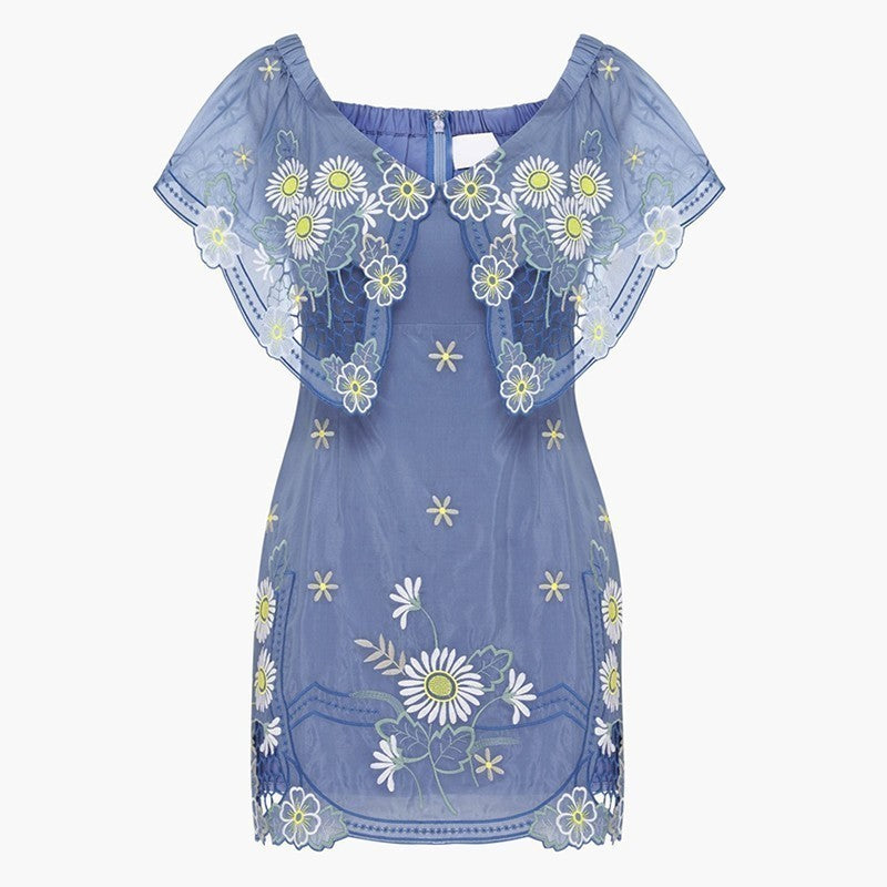 Spring New Line Collar Flower Embroidery Temperament Niche Design Fashion Lady Short Dress Women