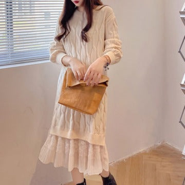 Women's Version New Spring And Autumn Loose Everything With Long Lace Splicing Small Fresh Knitted Dress