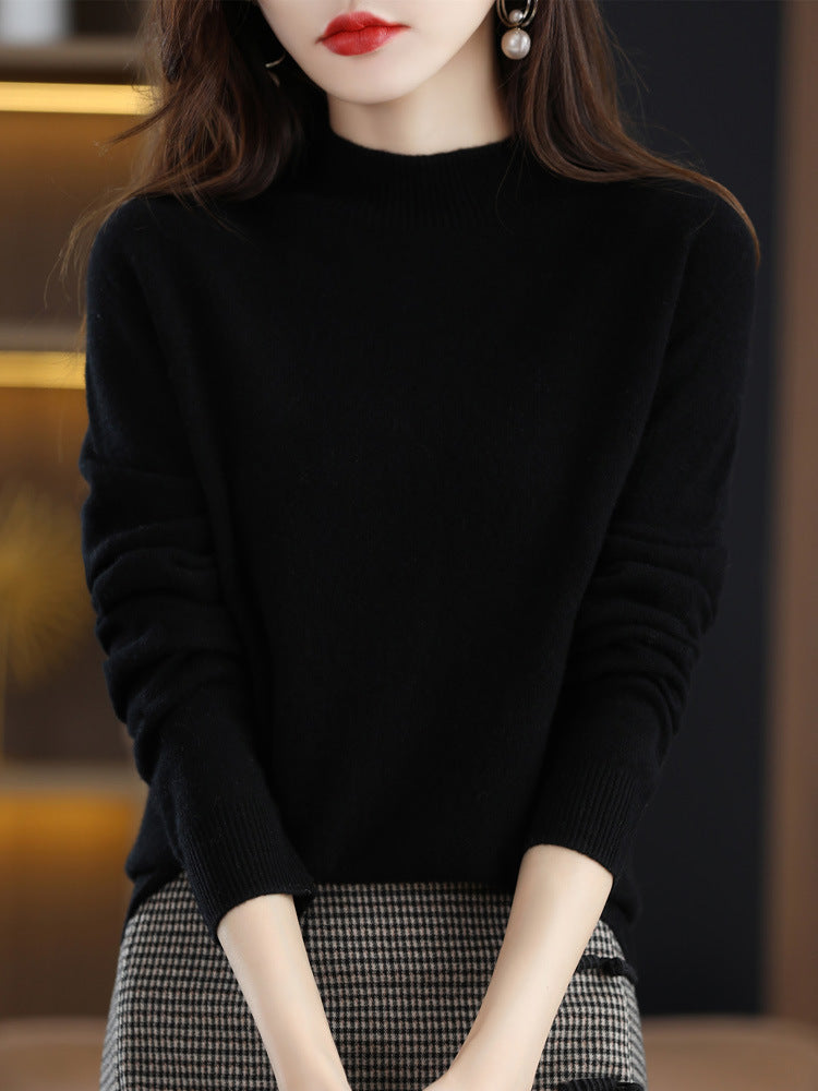 Half Turtleneck Woolen Sweater Women's Autumn And Winter Simple Everything Cashmere Sweater Loose Pullover Knitted Bottom