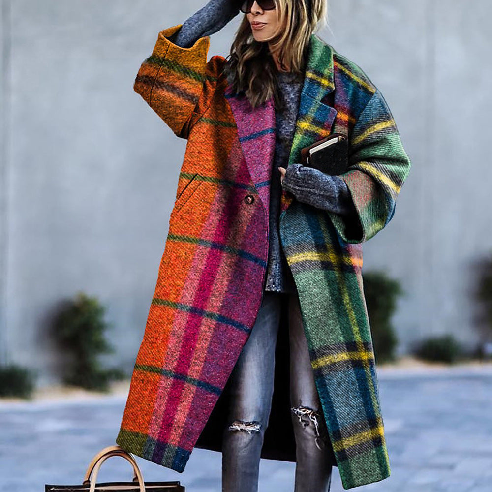 New Autumn Women's Long Sleeve Lapel Coat Printed Wool Long Coat