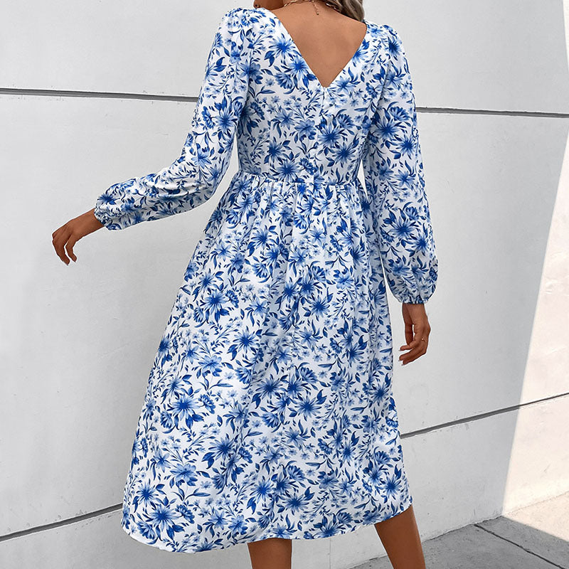Autumn New Fashion Women's Square Collar Print Vintage Dress Women