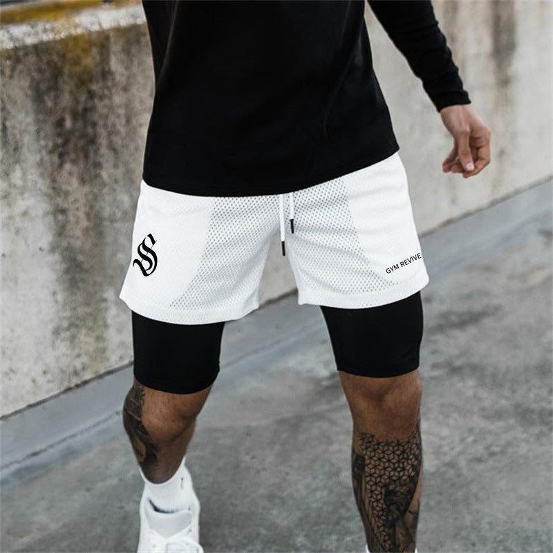 Fitness Shorts Men's Quick Drying Outdoor Sports Large Size Double-Lined Mesh Five Quarter Pants