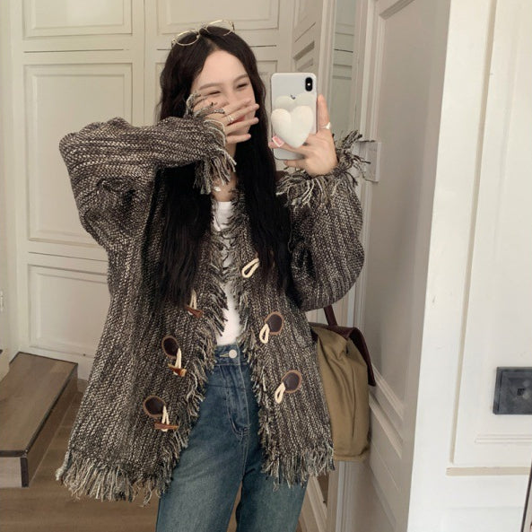 Vintage Crochet Button Furred Edge Fringe Design Feeling Lazy Loose Jacket Cardigan Coat Top