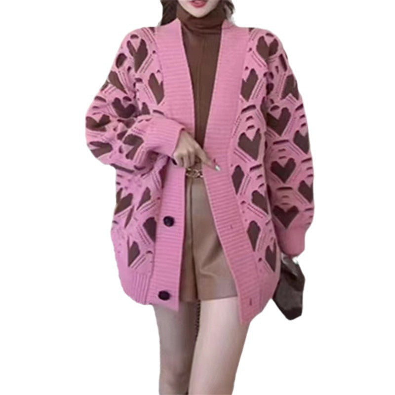 Wind Sweater Female Autumn And Winter New Loose And Lazy Wind Love Version Of Combination Color Hollow-Out Sweater Female Blouse