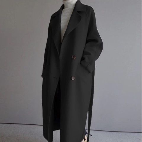 New Winter Medium Long Beige Woollen Waitmore Long Waisted Harajuku Over The Knee Woolen Coat