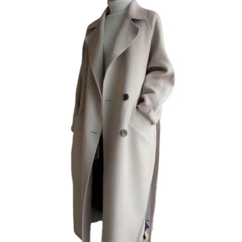 New Winter Medium Long Beige Woollen Waitmore Long Waisted Harajuku Over The Knee Woolen Coat