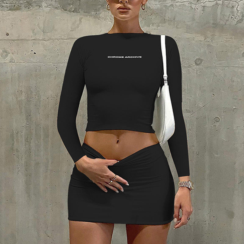 Women's Letter Short Top + High Waist Tight Skirt Set Long Sleeve Autumn And Winter Bottom Two Sets