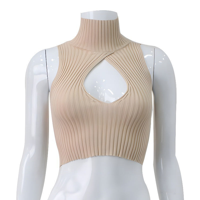 Women's Autumn New High-Neck Sleeveless Chest Hollow Design Knitted Fabric Thread Short
