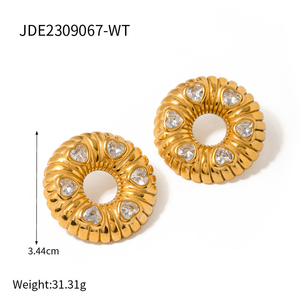 5pcs 18K Gold Stainless Steel Inlaid White Zircon Bread Earrings Titanium Steel Year Earrings