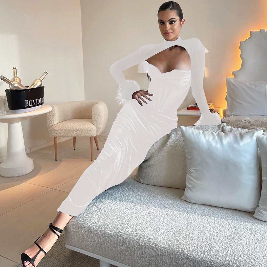 Autumn Women's New Plush Mesh Stitching Sexy Nightclub Hollow Long Dress Slim Dress