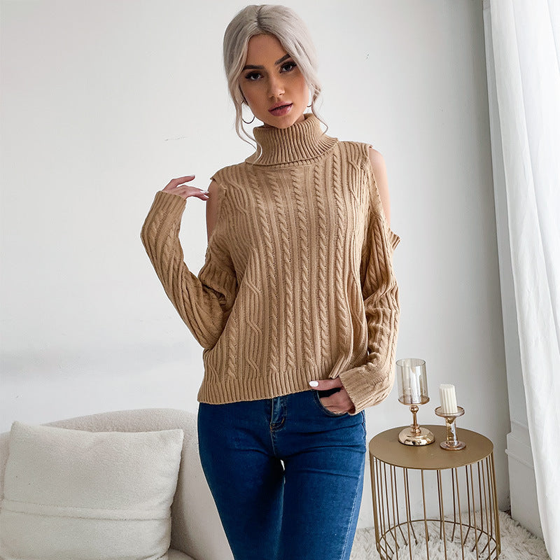 Fashion Women's Bottom Turtleneck Solid Color Long Sleeve Twist Off-The-Shoulder Sweater