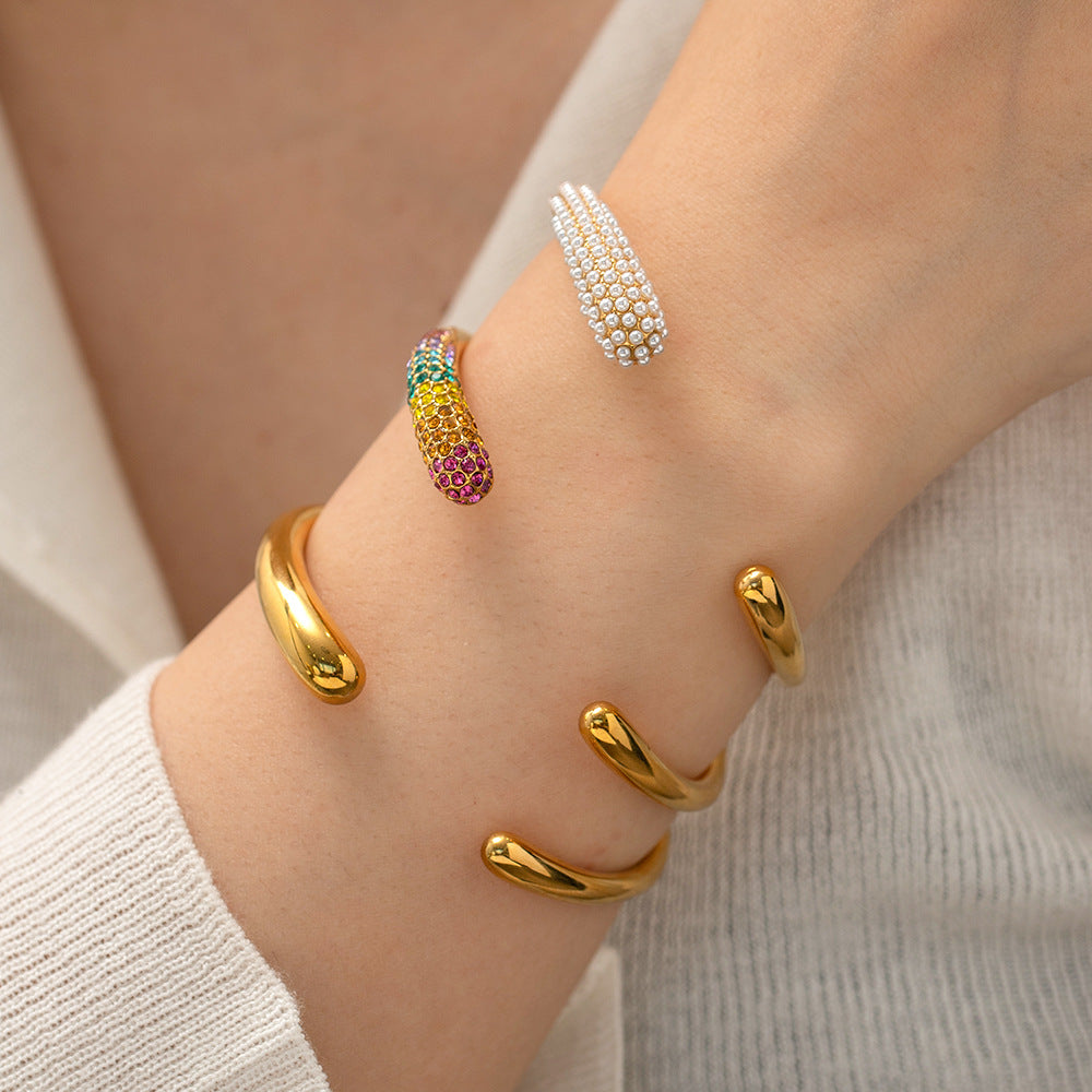 5pcs Fashion Design 18K Stainless Steel Smooth Open Bracelet Hand Plated Women's Hand Jewelry