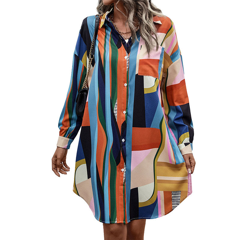 Chic Autumn Style: Color Contrast Long Sleeve Lapel Shirt Dress