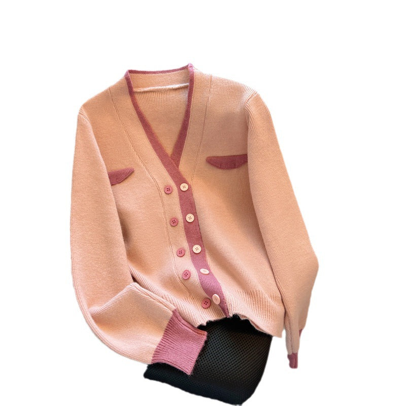 Small Fragrance Quality Double Breasted Knitted Cardigan Women's Design Sense Of Color Patchwork Small Soft Waxy Sweater Coat Top