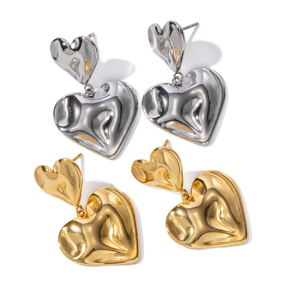 5pcs Jewelry 18K Titanium Steel Hammer Heart Pendant Earrings Design Sense Of Temperament Fashion Earrings