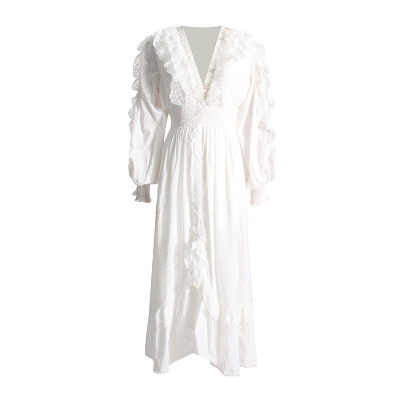 Spring New V-Neck Thin Temperament High Waist Thin Long Sleeve Irregular Skirt Dress Women