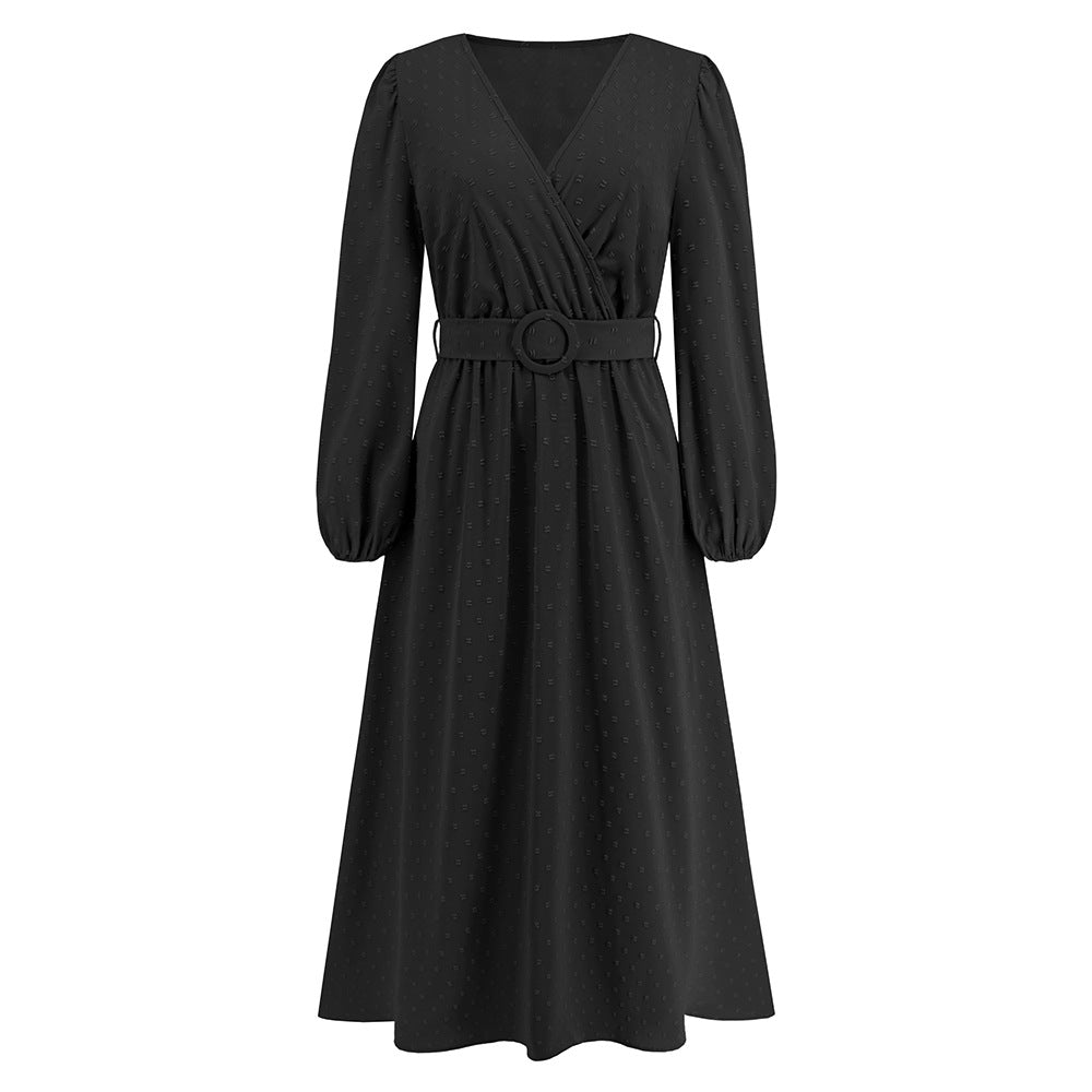 Women's Dress V-Neck Long Sleeve Jacquard Dress Autumn And Winter New Burst