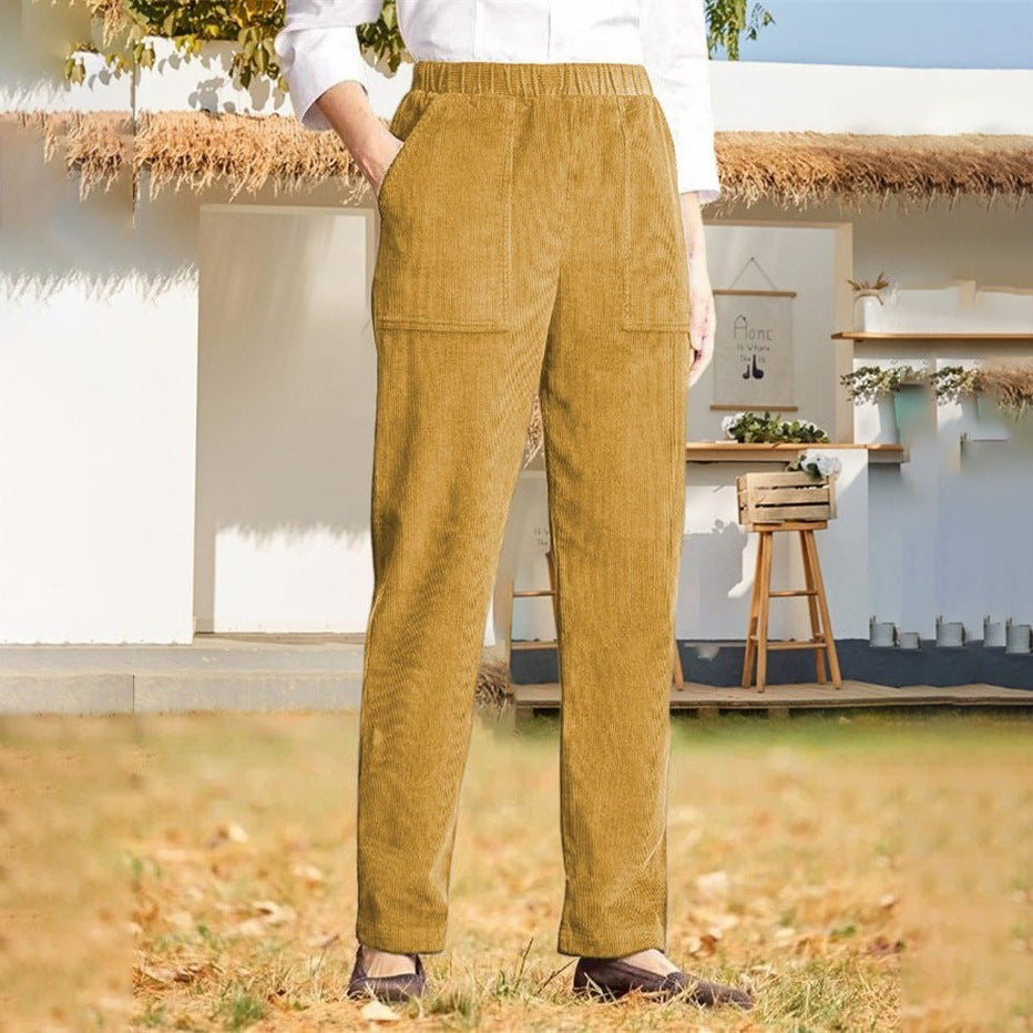New Women's Clothing Solid Color Elastic Waist Striped Straight Leg Casual Pants