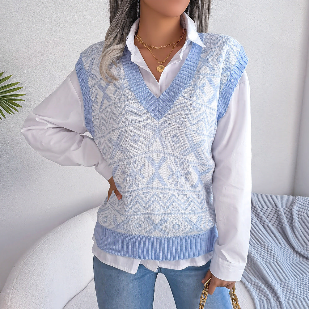 Autumn And Winter Christmas Snow Pattern V-Neck Knitted Vest Sweater Women's Wear