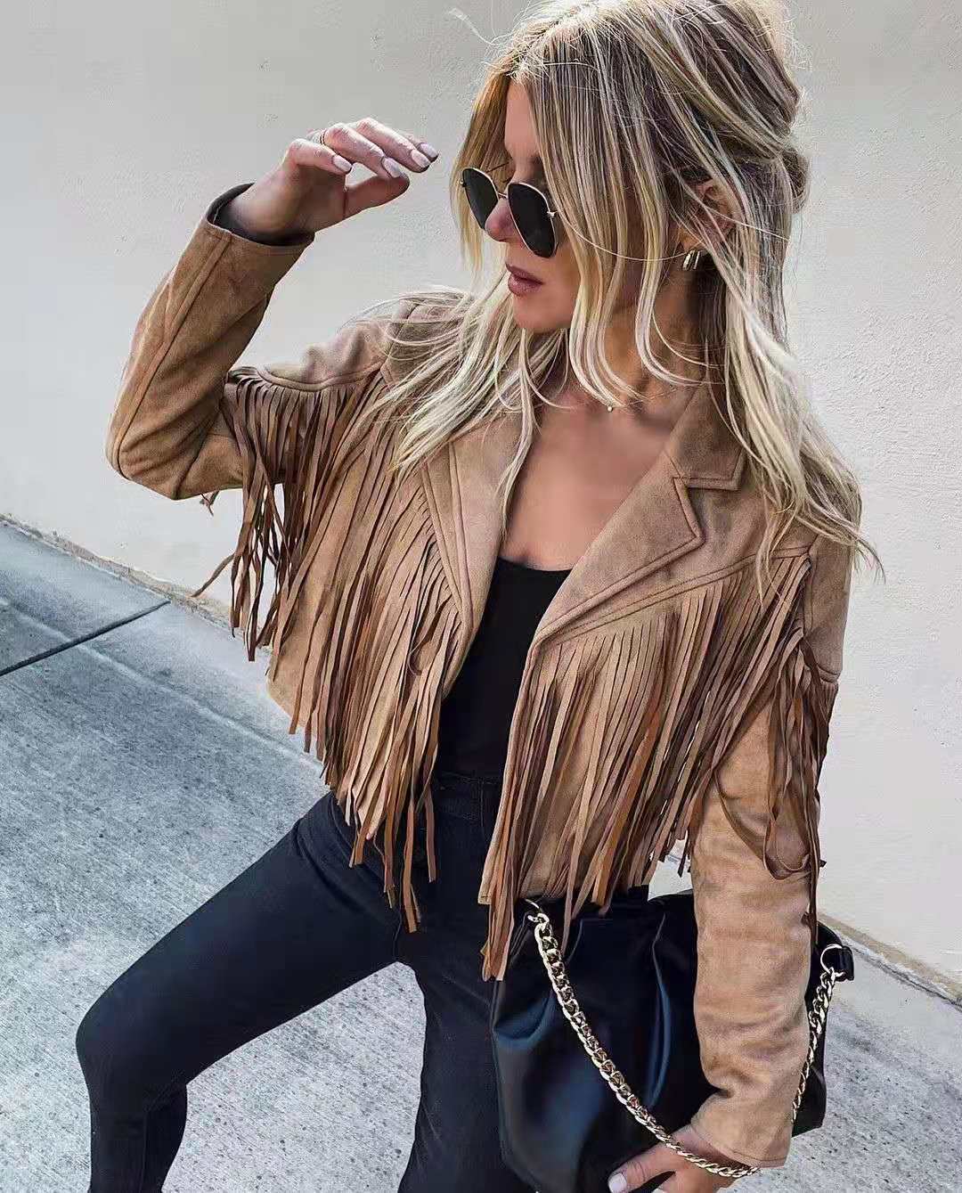 Women's Autumn New Slim-Fit Top Long-Sleeve Printed Fringe Coat Female