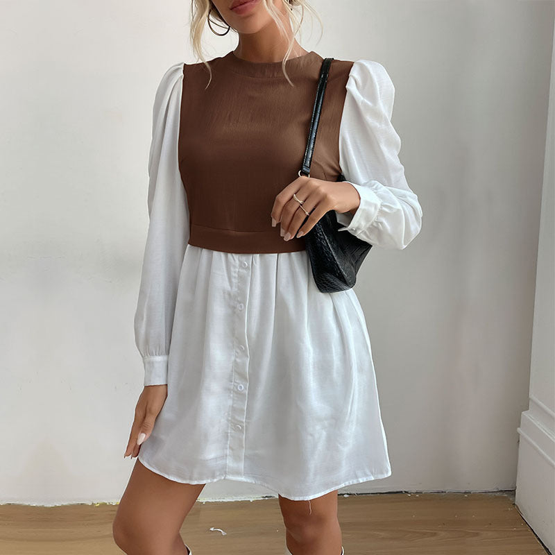 Women's Round Neck Long-Sleeved Color Patchwork Dress
